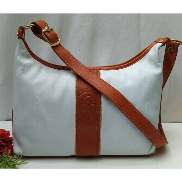 Marino Orlandi White Leather Stripe Zipper Closure Shoulder Bag - Made in Italy - Picture 1 of 13
